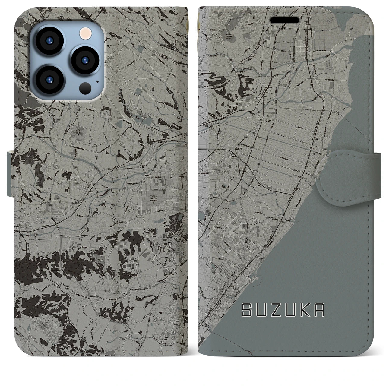【鈴鹿】地図柄iPhoneケース（手帳両面タイプ・モノトーン）iPhone 13 Pro Max 用