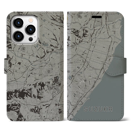 【鈴鹿（三重県）】地図柄iPhoneケース（手帳タイプ）モノトーン・iPhone 13 Pro 用