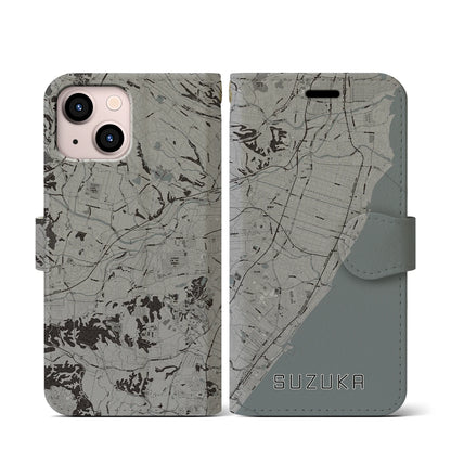 【鈴鹿（三重県）】地図柄iPhoneケース（手帳タイプ）モノトーン・iPhone 13 mini 用