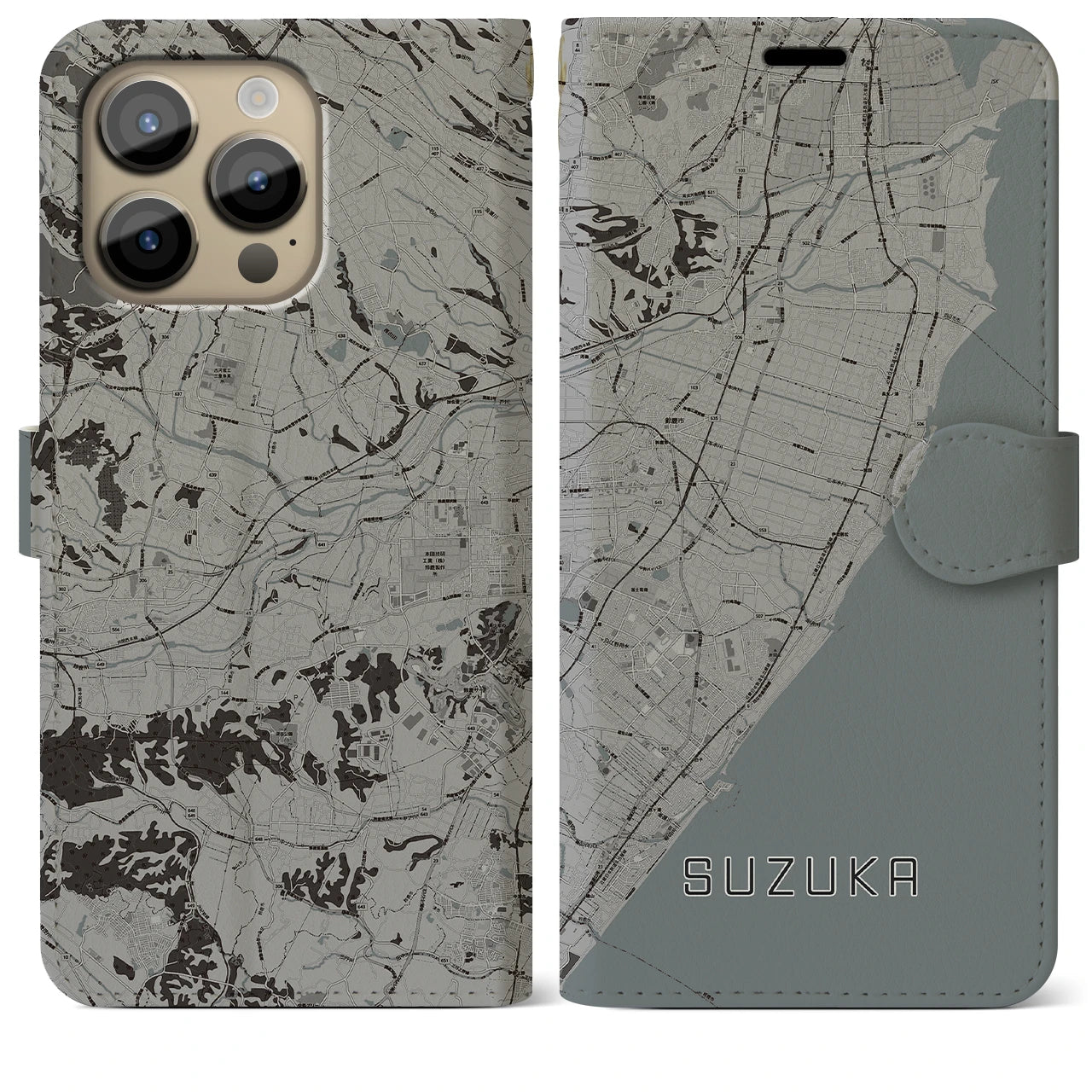 【鈴鹿】地図柄iPhoneケース（手帳両面タイプ・モノトーン）iPhone 14 Pro Max 用