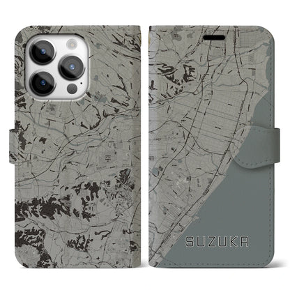 【鈴鹿（三重県）】地図柄iPhoneケース（手帳タイプ）モノトーン・iPhone 14 Pro 用