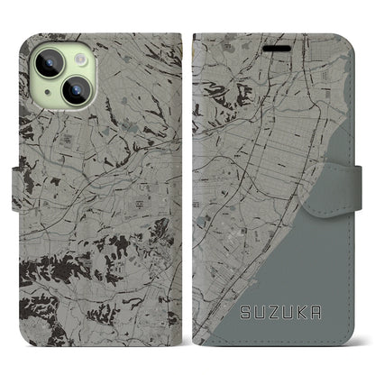 【鈴鹿（三重県）】地図柄iPhoneケース（手帳タイプ）モノトーン・iPhone 15 用