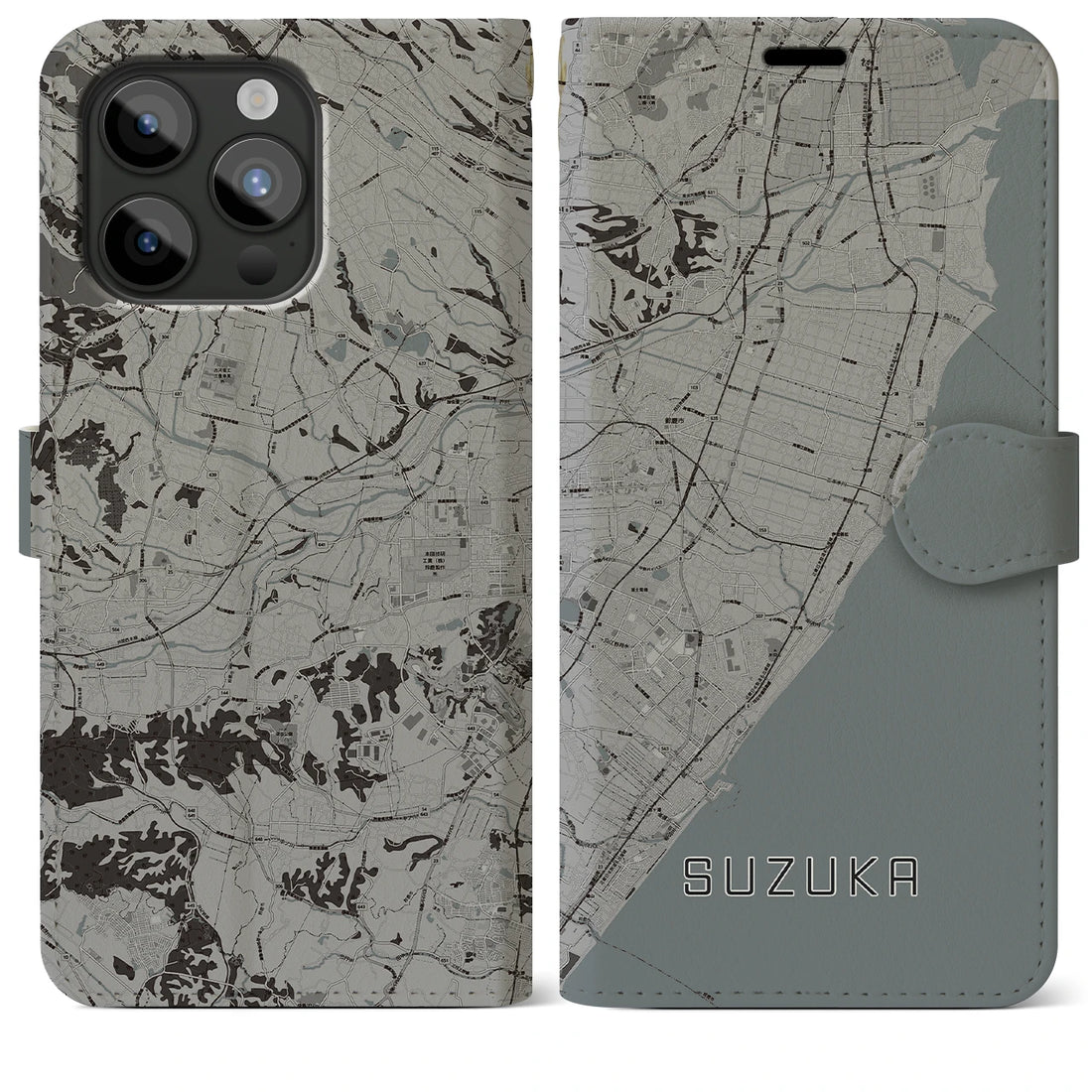 【鈴鹿】地図柄iPhoneケース（手帳両面タイプ・モノトーン）iPhone 15 Pro Max 用
