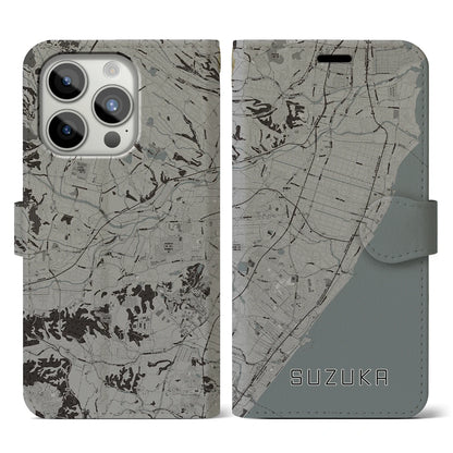 【鈴鹿（三重県）】地図柄iPhoneケース（手帳タイプ）モノトーン・iPhone 15 Pro 用