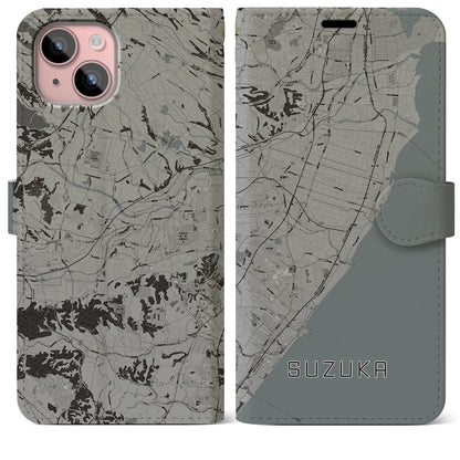 【鈴鹿（三重県）】地図柄iPhoneケース（手帳タイプ）モノトーン・iPhone 15 Plus 用