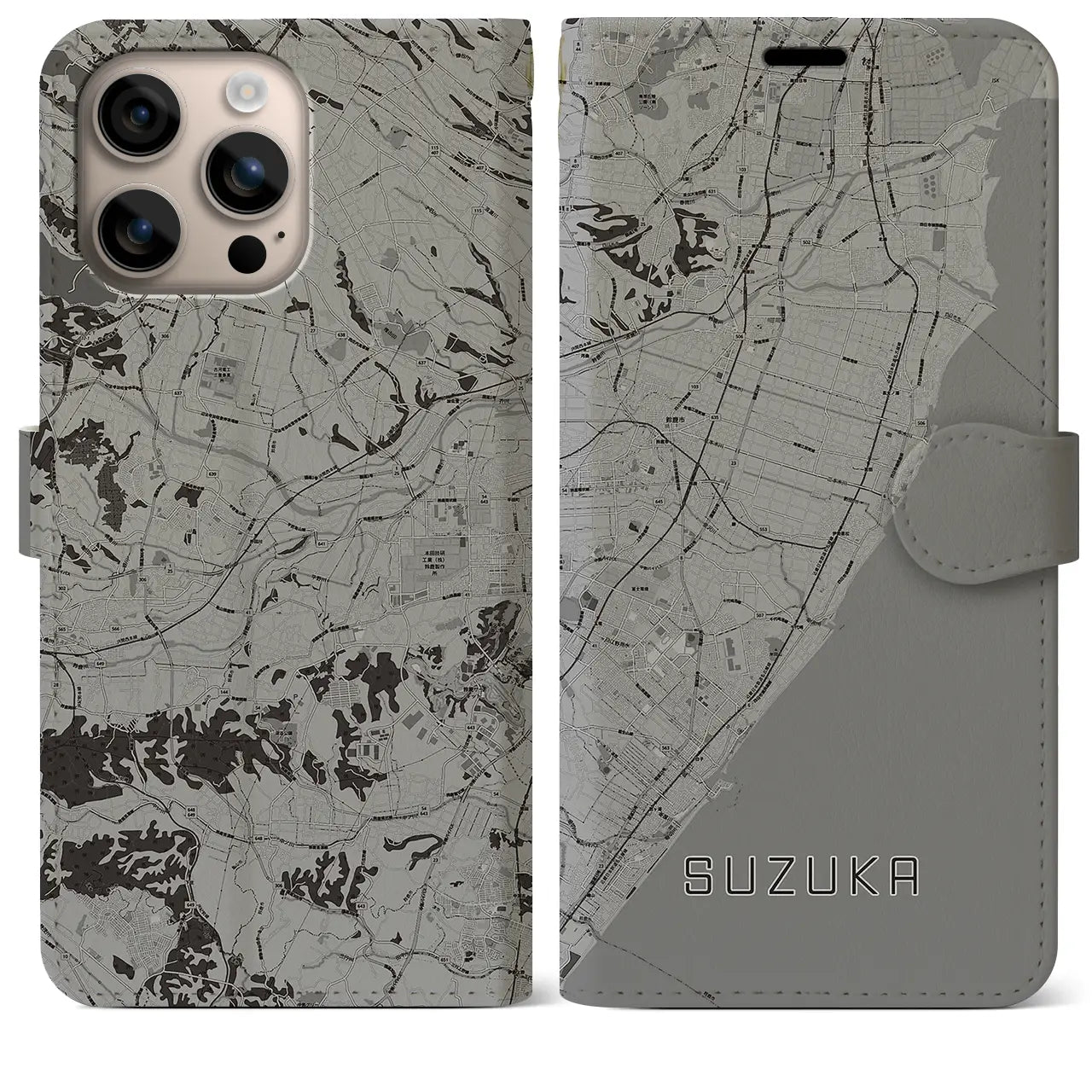 【鈴鹿（三重県）】地図柄iPhoneケース（手帳タイプ）モノトーン・iPhone 16 Plus 用