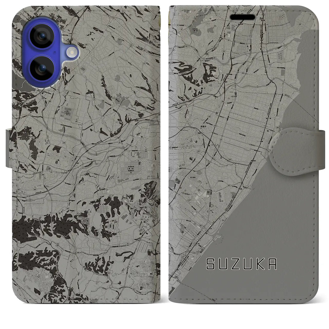 【鈴鹿(三重県)】地図柄iPhoneケース(手帳タイプ)モノトーン・iPhone 16 Pro Max 用