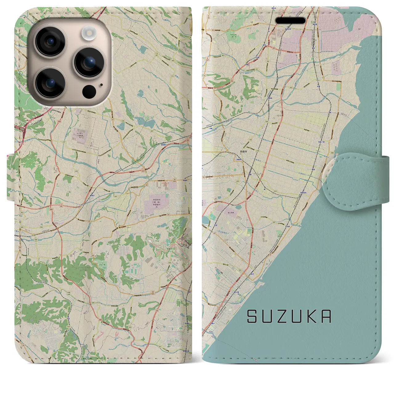 【鈴鹿（三重県）】地図柄iPhoneケース（手帳タイプ）ナチュラル・iPhone 16 Plus 用