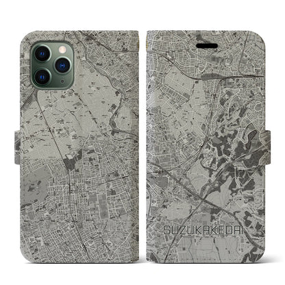 【すずかけ台（東京都）】地図柄iPhoneケース（手帳タイプ）モノトーン・iPhone 11 Pro 用