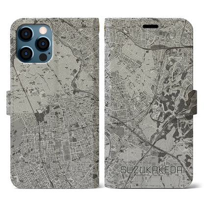 【すずかけ台（東京都）】地図柄iPhoneケース（手帳タイプ）モノトーン・iPhone 12 / 12 Pro 用