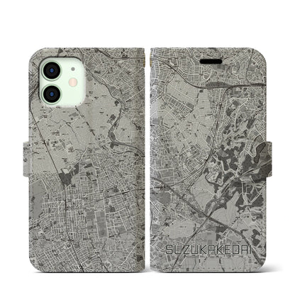 【すずかけ台（東京都）】地図柄iPhoneケース（手帳タイプ）モノトーン・iPhone 12 mini 用