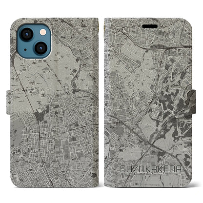 【すずかけ台（東京都）】地図柄iPhoneケース（手帳タイプ）モノトーン・iPhone 13 用