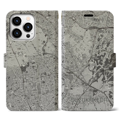 【すずかけ台（東京都）】地図柄iPhoneケース（手帳タイプ）モノトーン・iPhone 13 Pro 用