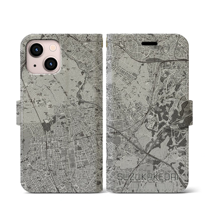 【すずかけ台（東京都）】地図柄iPhoneケース（手帳タイプ）モノトーン・iPhone 13 mini 用