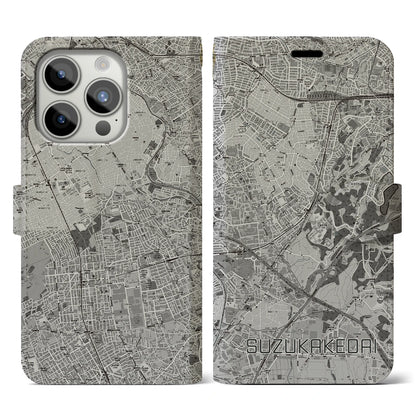 【すずかけ台（東京都）】地図柄iPhoneケース（手帳タイプ）モノトーン・iPhone 15 Pro 用