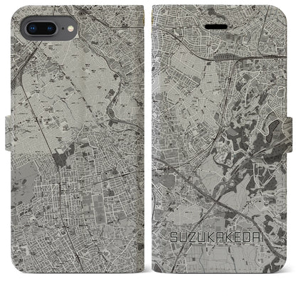 【すずかけ台（東京都）】地図柄iPhoneケース（手帳タイプ）モノトーン・iPhone 8Plus /7Plus / 6sPlus / 6Plus 用