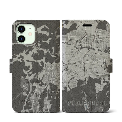 【鈴蘭台（兵庫県）】地図柄iPhoneケース（手帳タイプ）モノトーン・iPhone 12 mini 用