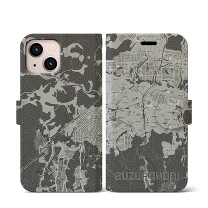 【鈴蘭台（兵庫県）】地図柄iPhoneケース（手帳タイプ）モノトーン・iPhone 13 mini 用