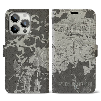 【鈴蘭台（兵庫県）】地図柄iPhoneケース（手帳タイプ）モノトーン・iPhone 15 Pro 用