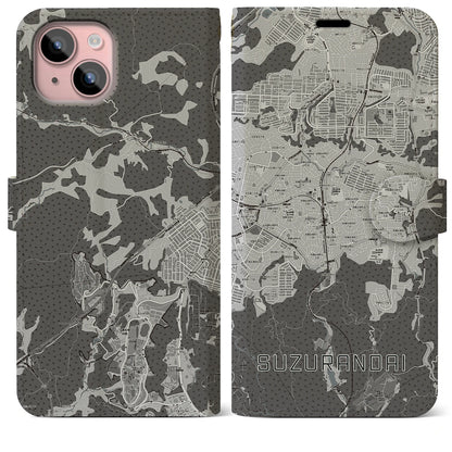 【鈴蘭台（兵庫県）】地図柄iPhoneケース（手帳タイプ）モノトーン・iPhone 15 Plus 用