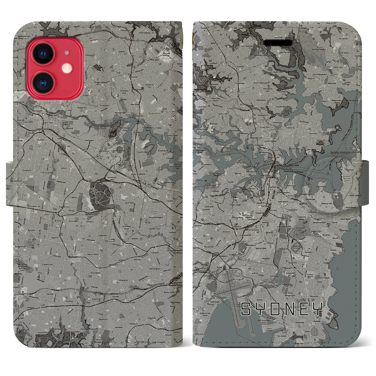 【シドニー】地図柄iPhoneケース（手帳両面タイプ・モノトーン）iPhone 11 用