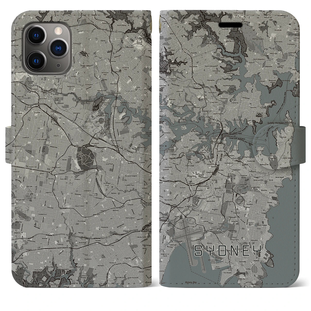 【シドニー】地図柄iPhoneケース（手帳両面タイプ・モノトーン）iPhone 11 Pro Max 用