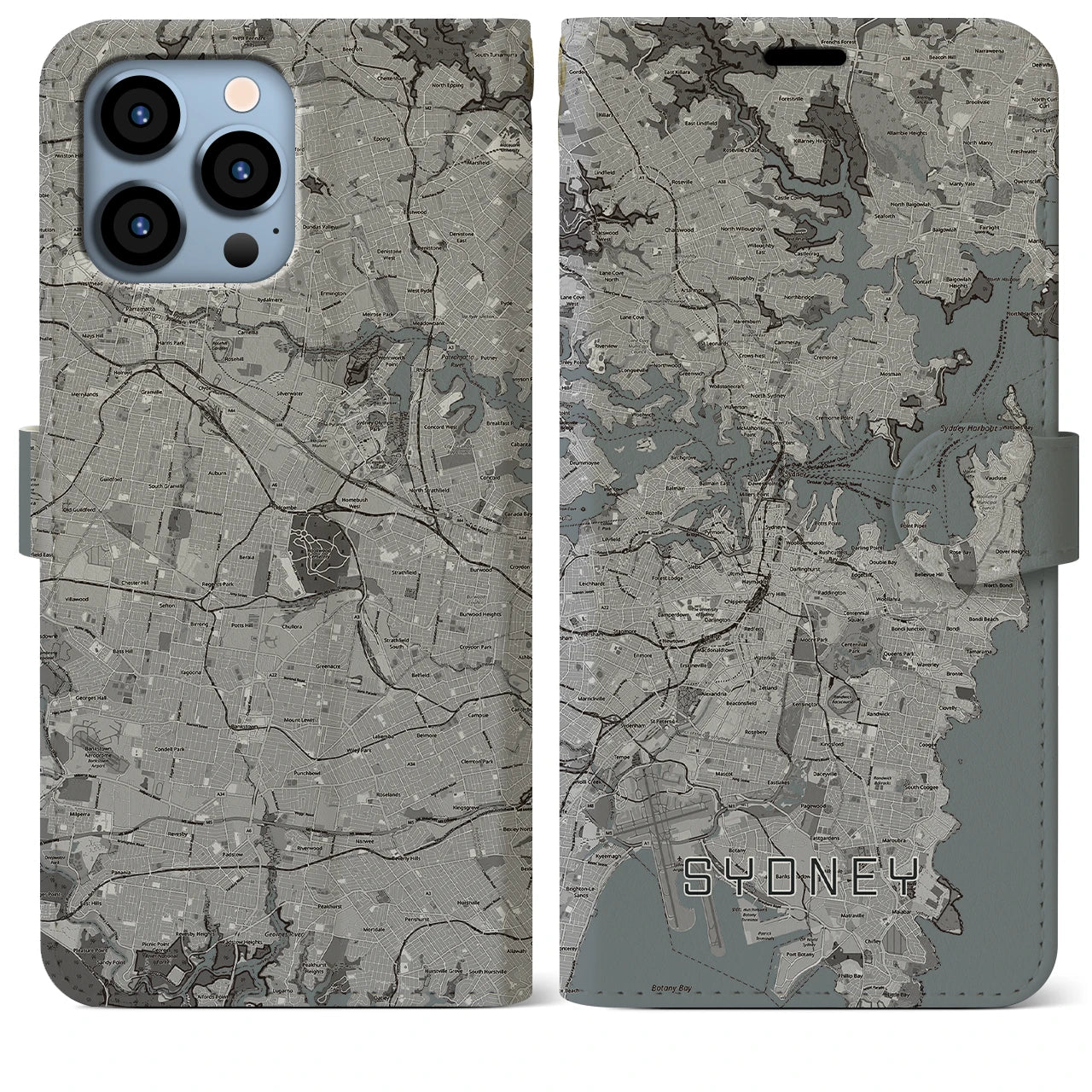 【シドニー】地図柄iPhoneケース（手帳両面タイプ・モノトーン）iPhone 13 Pro Max 用
