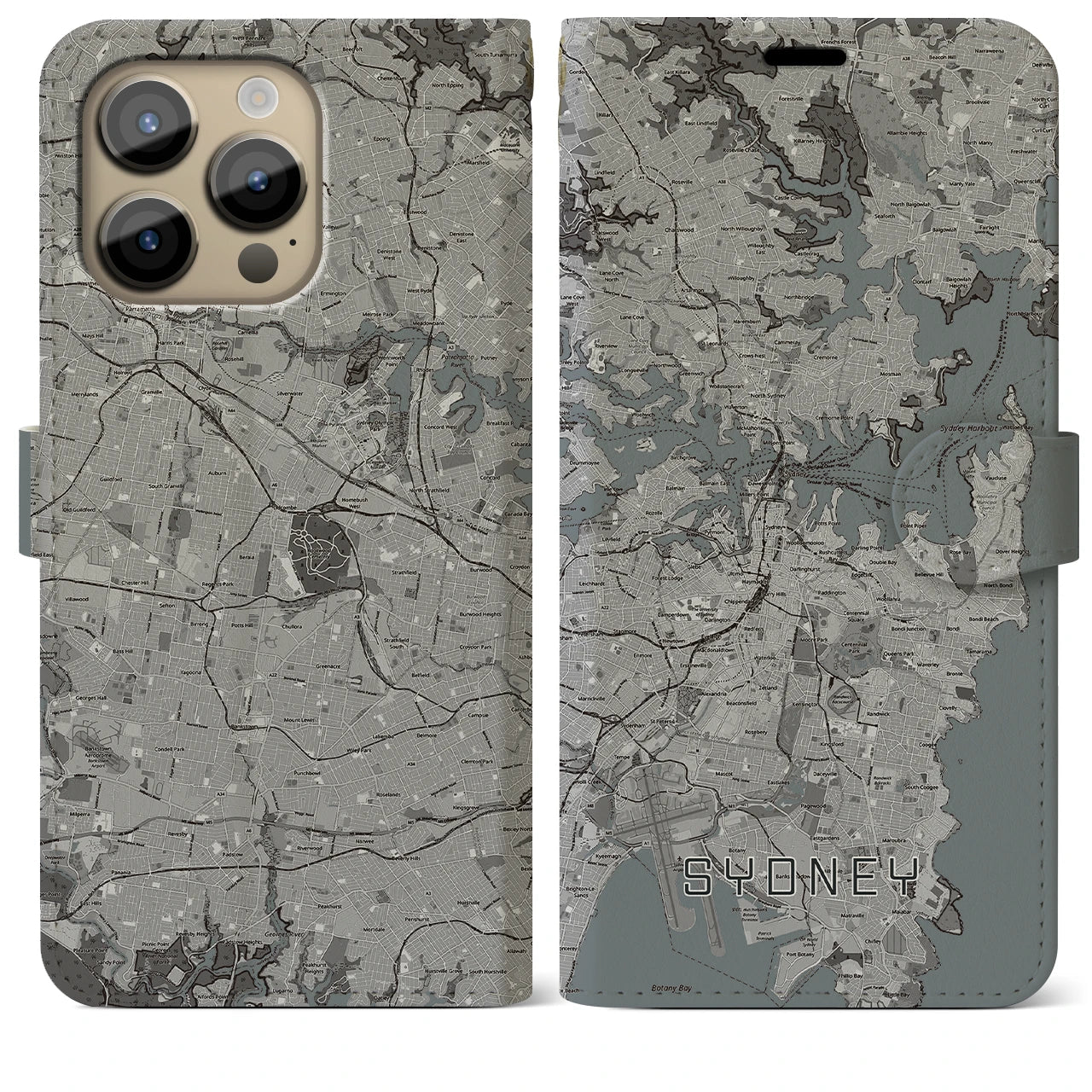 【シドニー】地図柄iPhoneケース（手帳両面タイプ・モノトーン）iPhone 14 Pro Max 用
