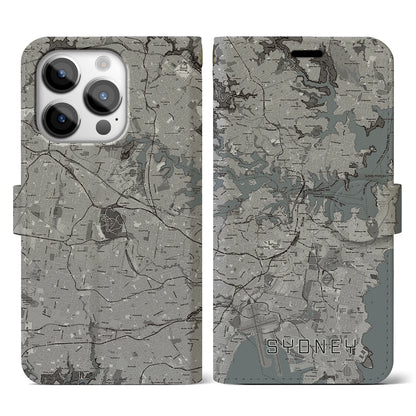 【シドニー（オーストラリア）】地図柄iPhoneケース（手帳タイプ）モノトーン・iPhone 14 Pro 用
