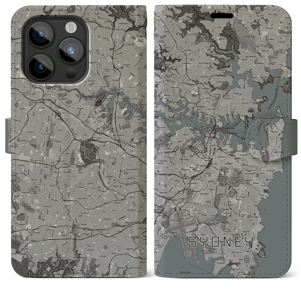 【シドニー】地図柄iPhoneケース（手帳両面タイプ・モノトーン）iPhone 15 Pro Max 用