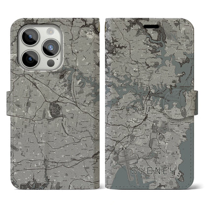 【シドニー（オーストラリア）】地図柄iPhoneケース（手帳タイプ）モノトーン・iPhone 15 Pro 用