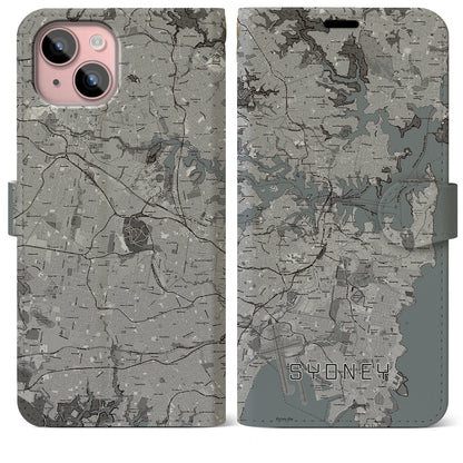 【シドニー（オーストラリア）】地図柄iPhoneケース（手帳タイプ）モノトーン・iPhone 15 Plus 用