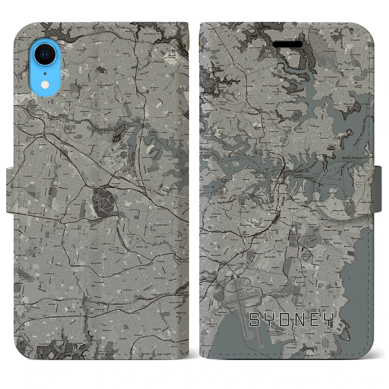 【シドニー】地図柄iPhoneケース（手帳両面タイプ・モノトーン）iPhone XR 用
