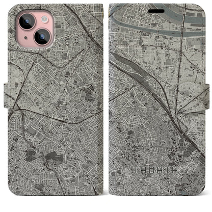 【田端（東京都）】地図柄iPhoneケース（手帳タイプ）モノトーン・iPhone 15 Plus 用