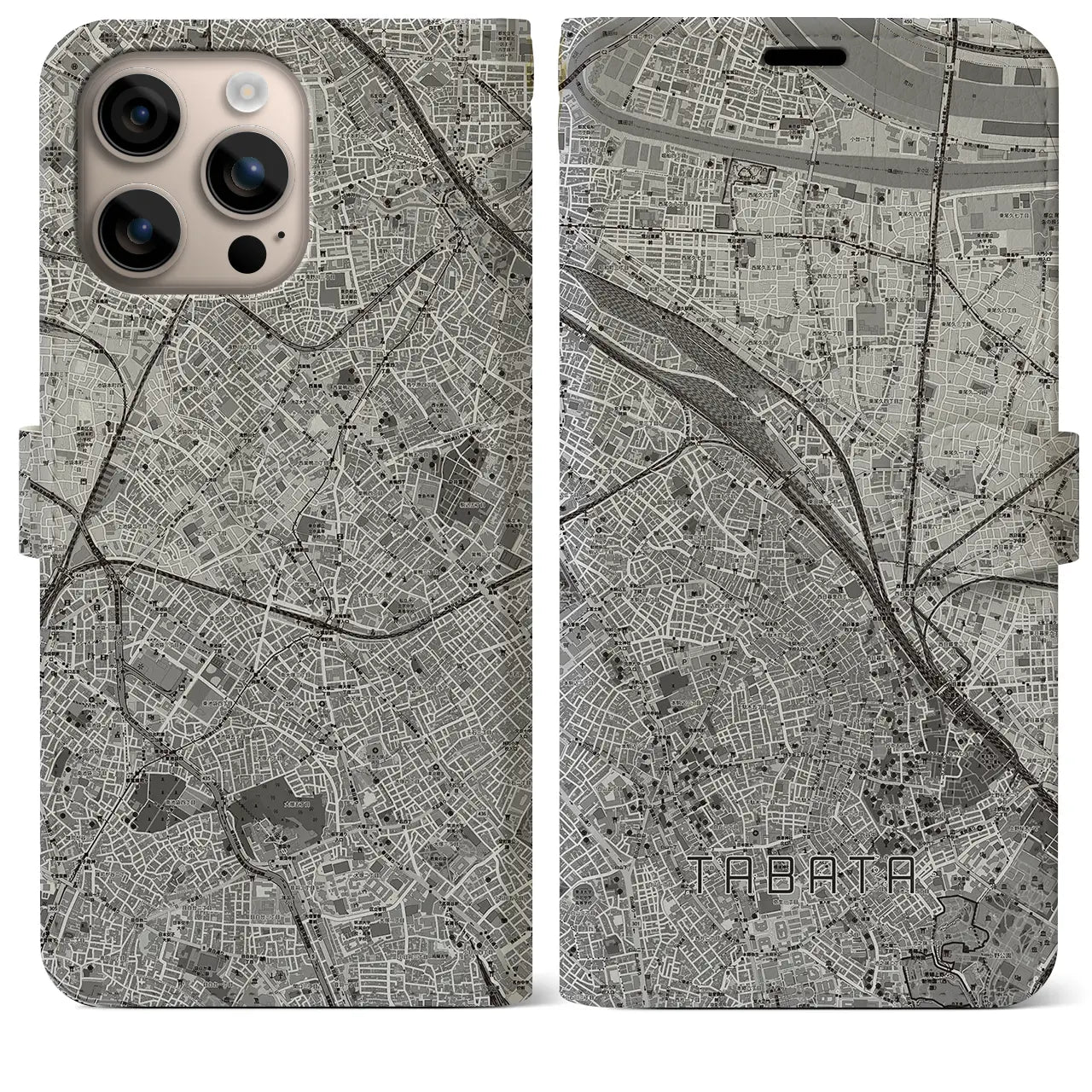 【田端（東京都）】地図柄iPhoneケース（手帳タイプ）モノトーン・iPhone 16 Plus 用