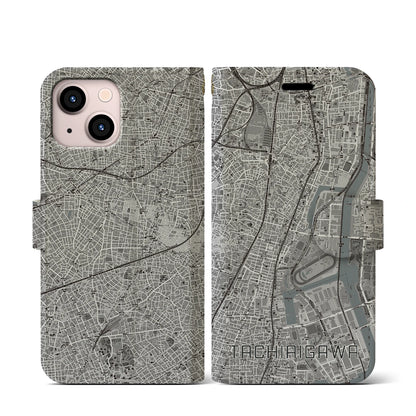 【立会川（東京都）】地図柄iPhoneケース（手帳タイプ）モノトーン・iPhone 13 mini 用