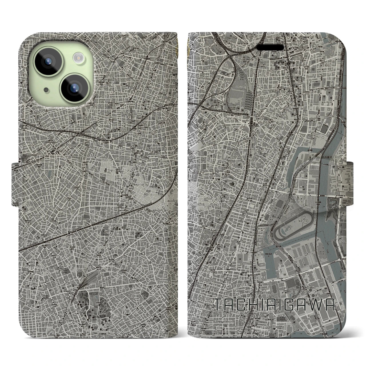 【立会川】地図柄iPhoneケース（手帳両面タイプ・モノトーン）iPhone 15 用