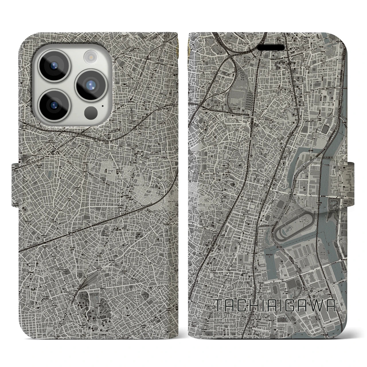 【立会川】地図柄iPhoneケース（手帳両面タイプ・モノトーン）iPhone 15 Pro 用
