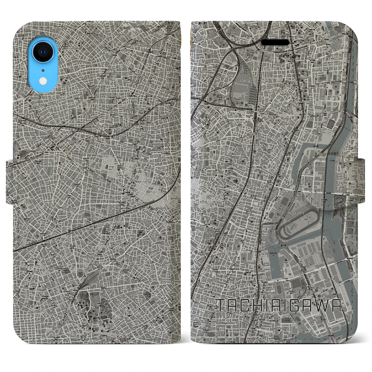 【立会川】地図柄iPhoneケース（手帳両面タイプ・モノトーン）iPhone XR 用
