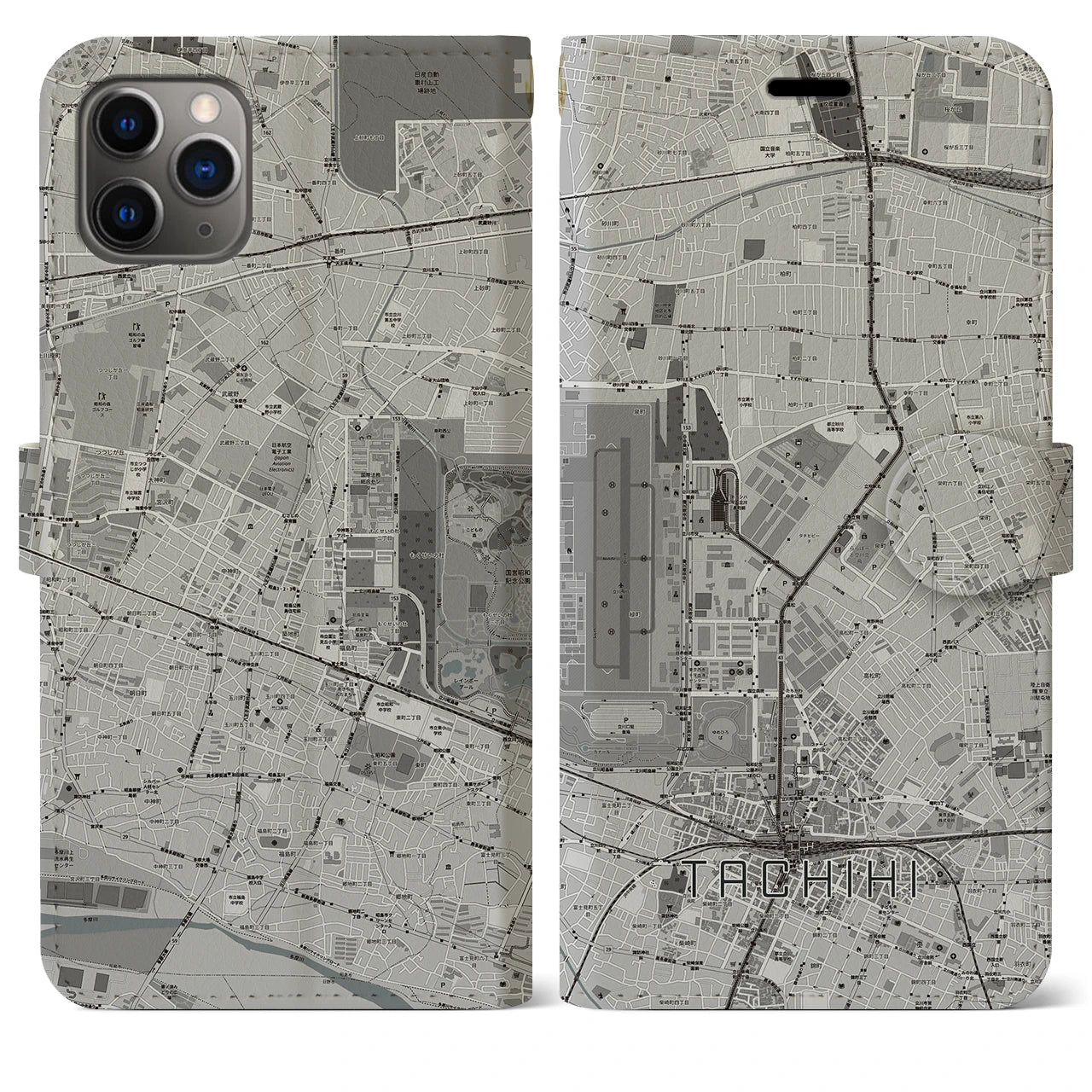 【立飛】地図柄iPhoneケース（手帳両面タイプ・モノトーン）iPhone 11 Pro Max 用