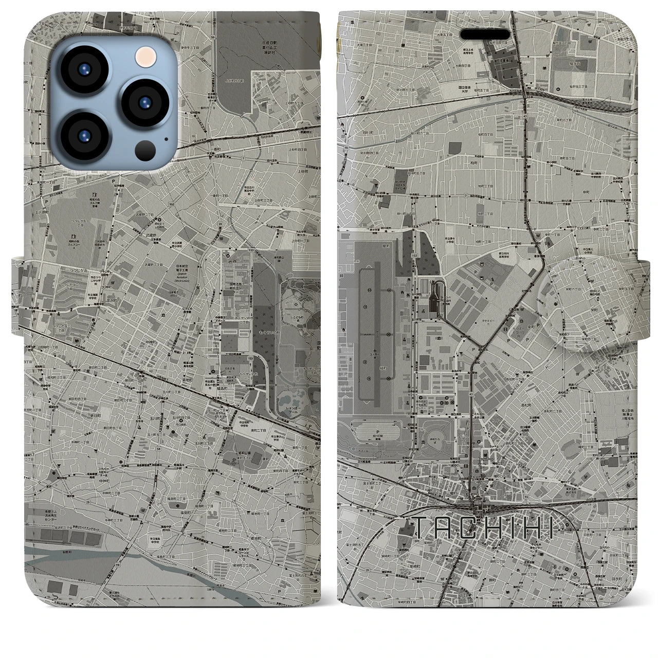【立飛】地図柄iPhoneケース（手帳両面タイプ・モノトーン）iPhone 13 Pro Max 用