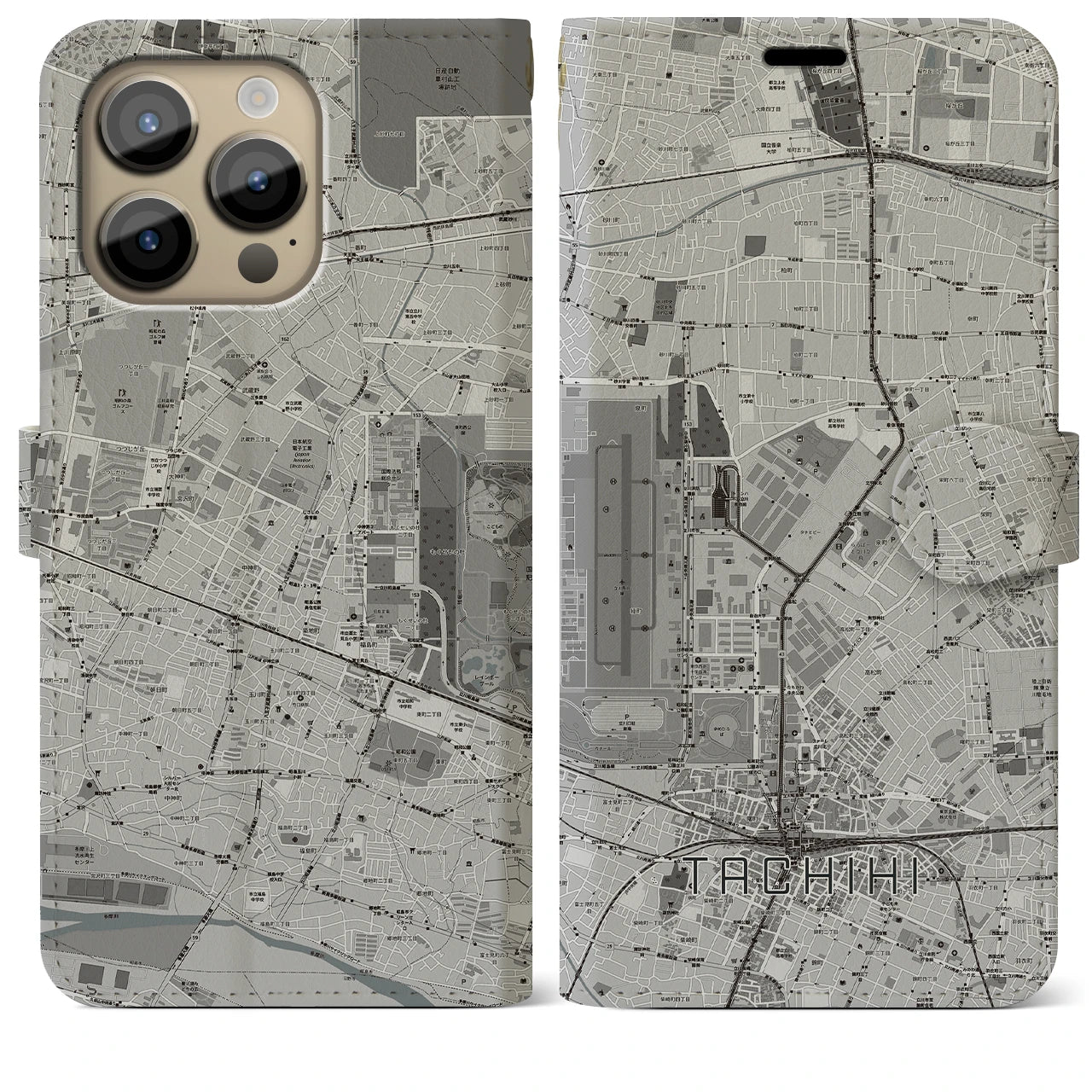 【立飛】地図柄iPhoneケース（手帳両面タイプ・モノトーン）iPhone 14 Pro Max 用