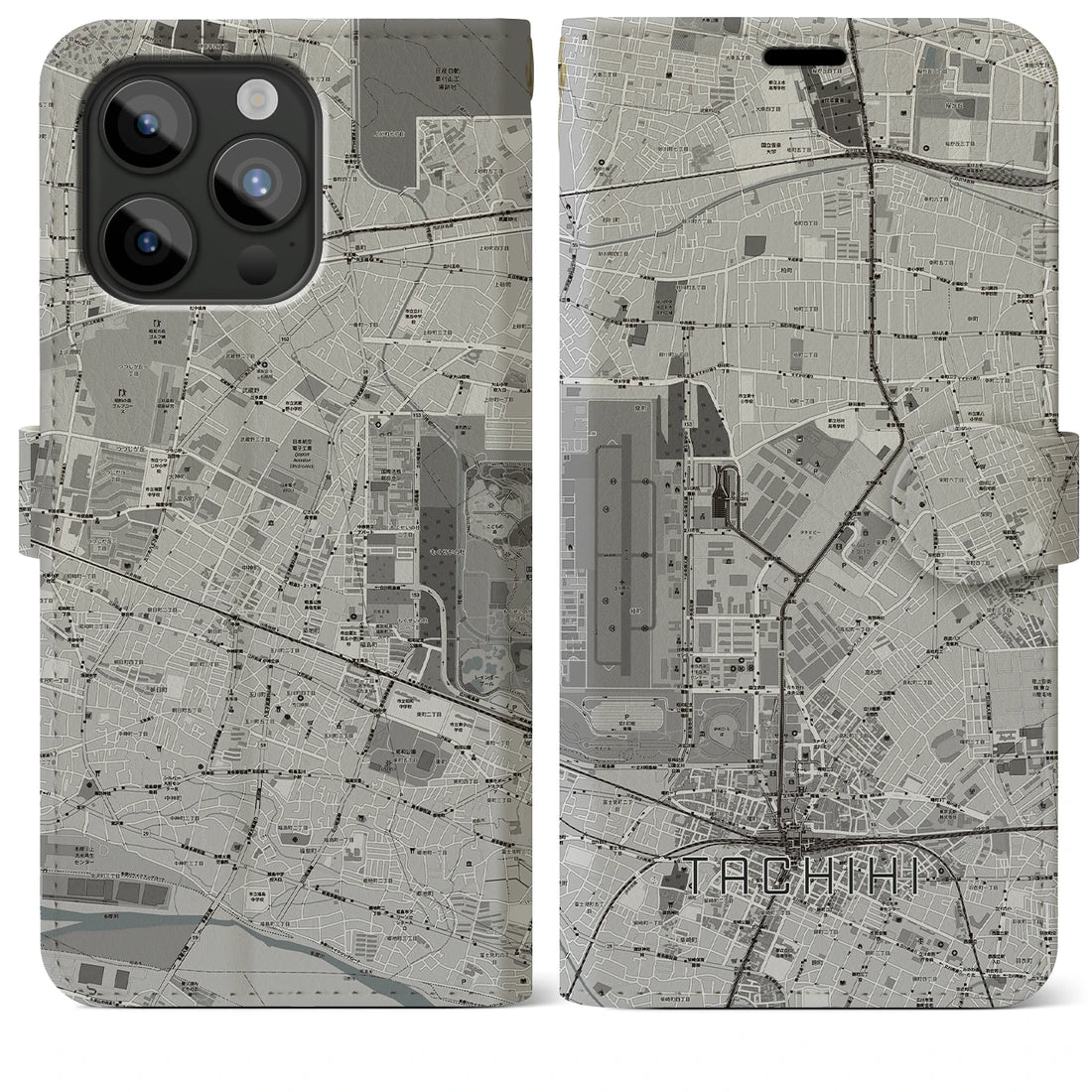 【立飛】地図柄iPhoneケース（手帳両面タイプ・モノトーン）iPhone 15 Pro Max 用