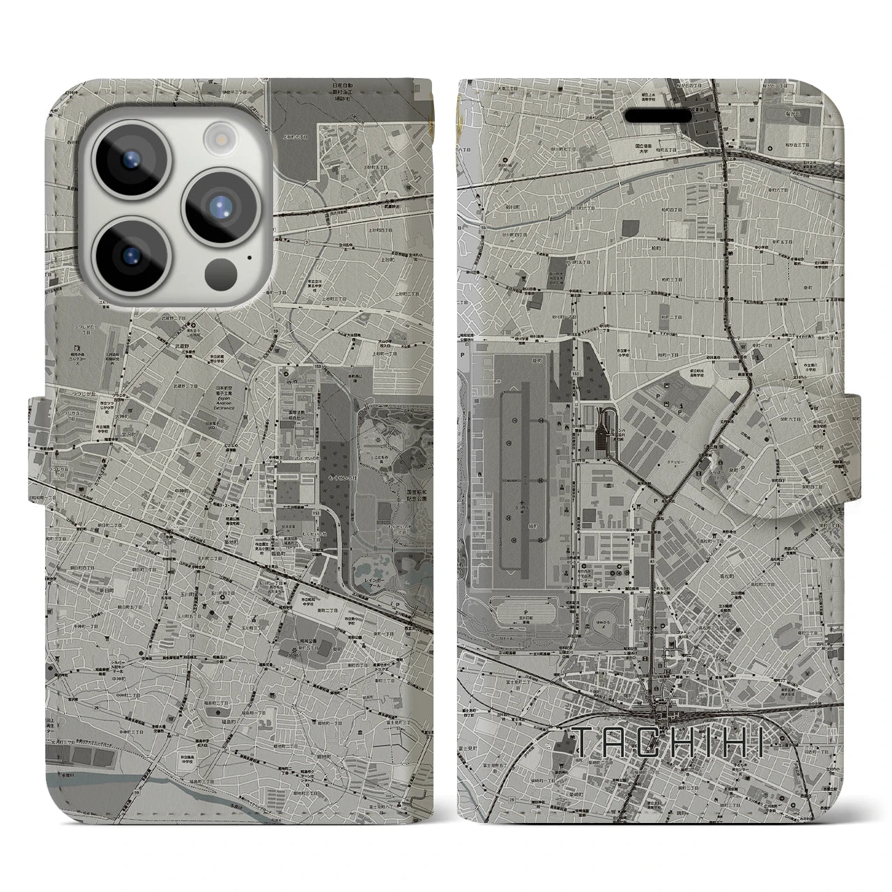 【立飛】地図柄iPhoneケース（手帳両面タイプ・モノトーン）iPhone 15 Pro 用