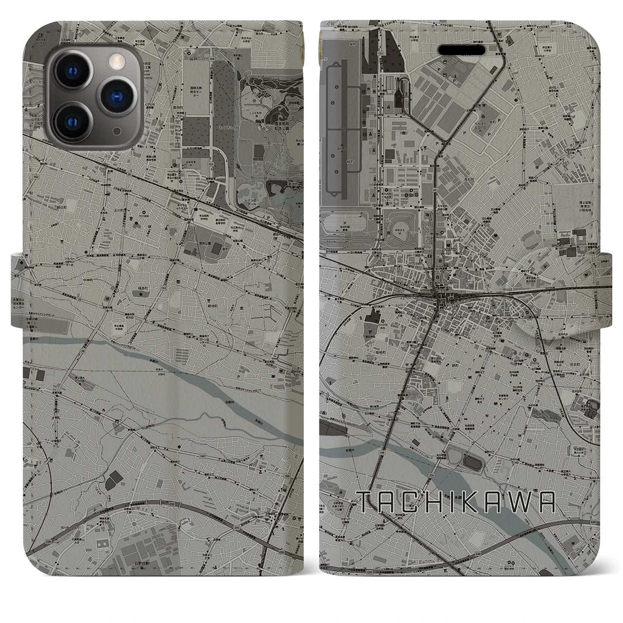 【立川】地図柄iPhoneケース（手帳両面タイプ・モノトーン）iPhone 11 Pro Max 用