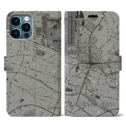 【立川（東京都）】地図柄iPhoneケース（手帳タイプ）モノトーン・iPhone 12 / 12 Pro 用