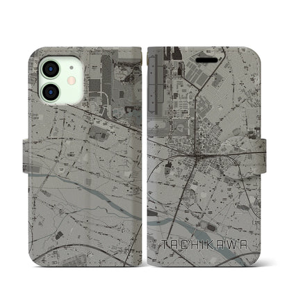 【立川（東京都）】地図柄iPhoneケース（手帳タイプ）モノトーン・iPhone 12 mini 用