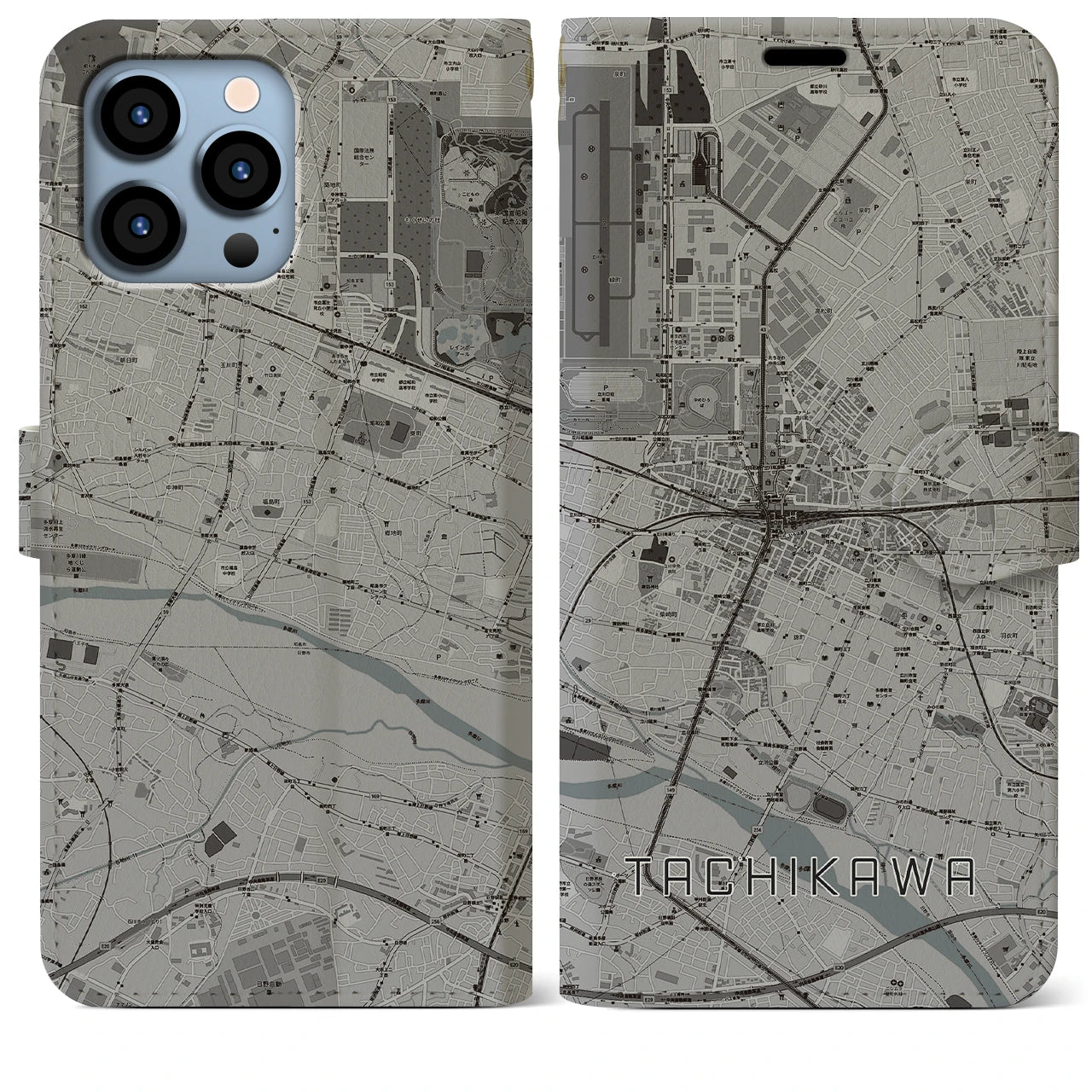 【立川】地図柄iPhoneケース（手帳両面タイプ・モノトーン）iPhone 13 Pro Max 用