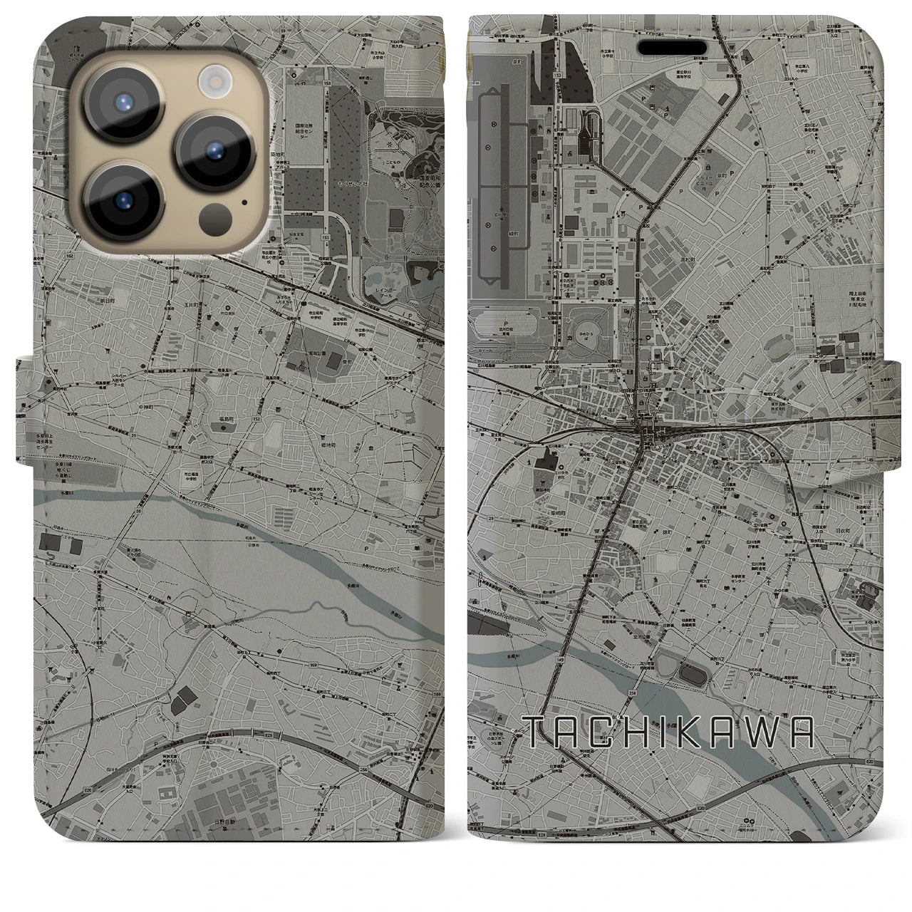 【立川】地図柄iPhoneケース（手帳両面タイプ・モノトーン）iPhone 14 Pro Max 用