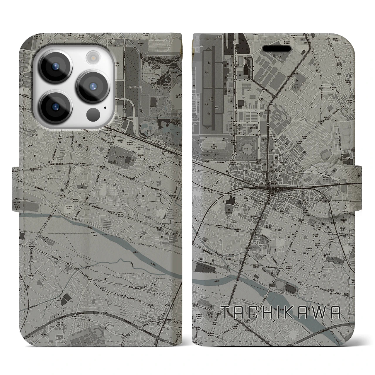 【立川】地図柄iPhoneケース（手帳両面タイプ・モノトーン）iPhone 14 Pro 用